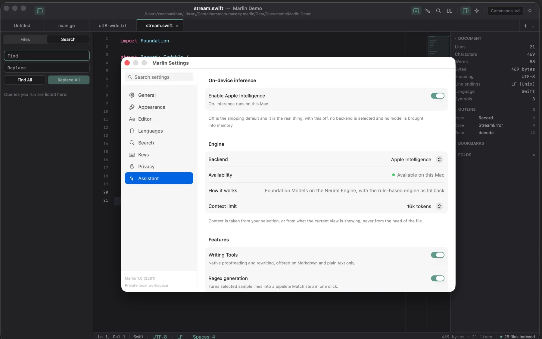 Marlin settings view