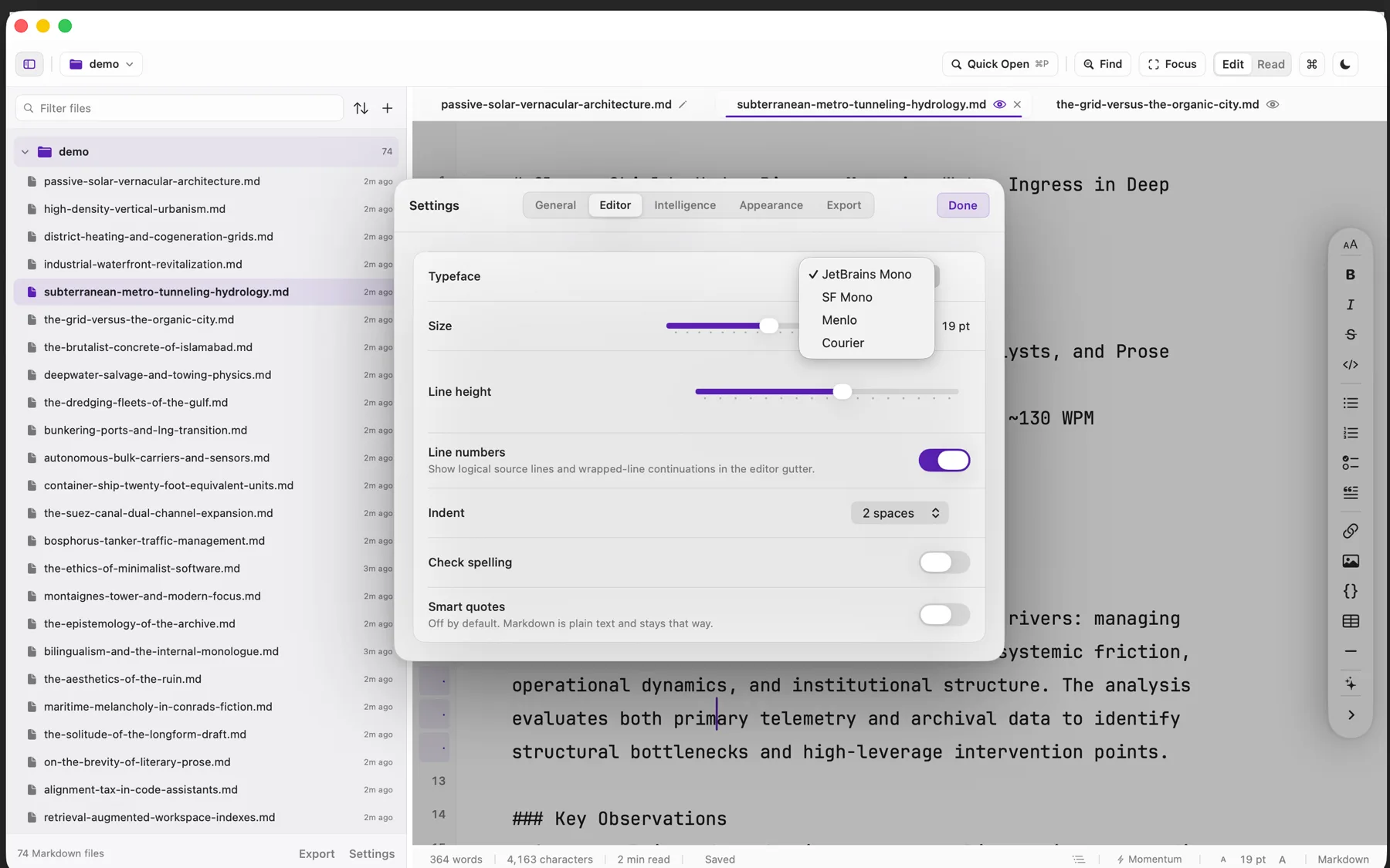 Verso editor settings with typeface, size and line height controls